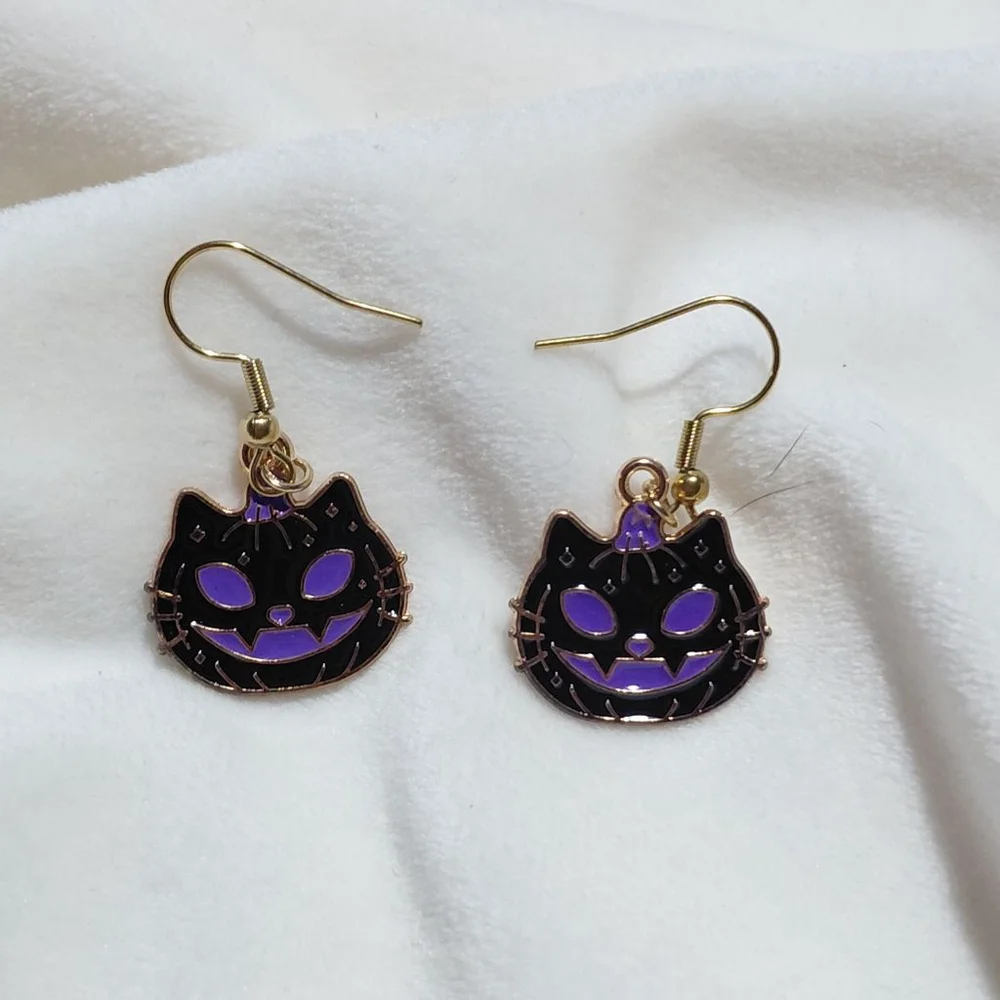 Women's Unbranded Black Purple Halloween Cat Pumpkin Dangle Earrings One Size